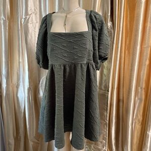 Free People Olive Smoke Textured Puff Sleeve Dress